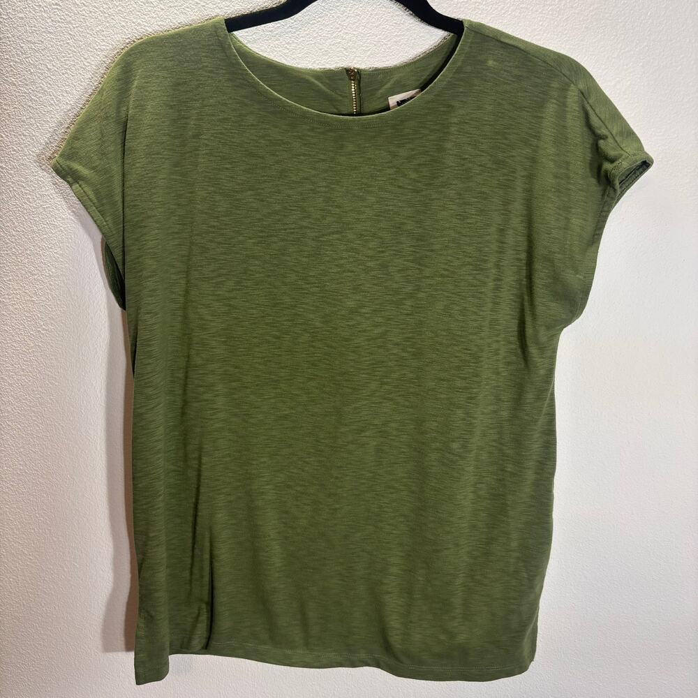Anne Klein Olive Green Slub Knit Top Short Sleeve Back Zip Women's Size S